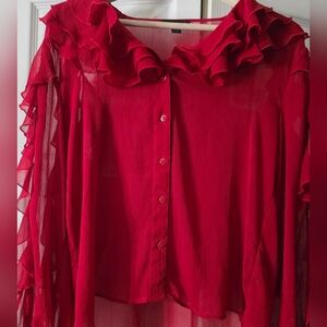 Elegant Red Ruffle Blouse